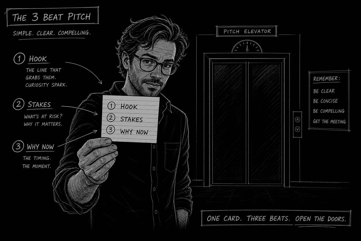Dark mode technical sketch: screenwriter with three-beat pitch notecard, thin white lines on solid black