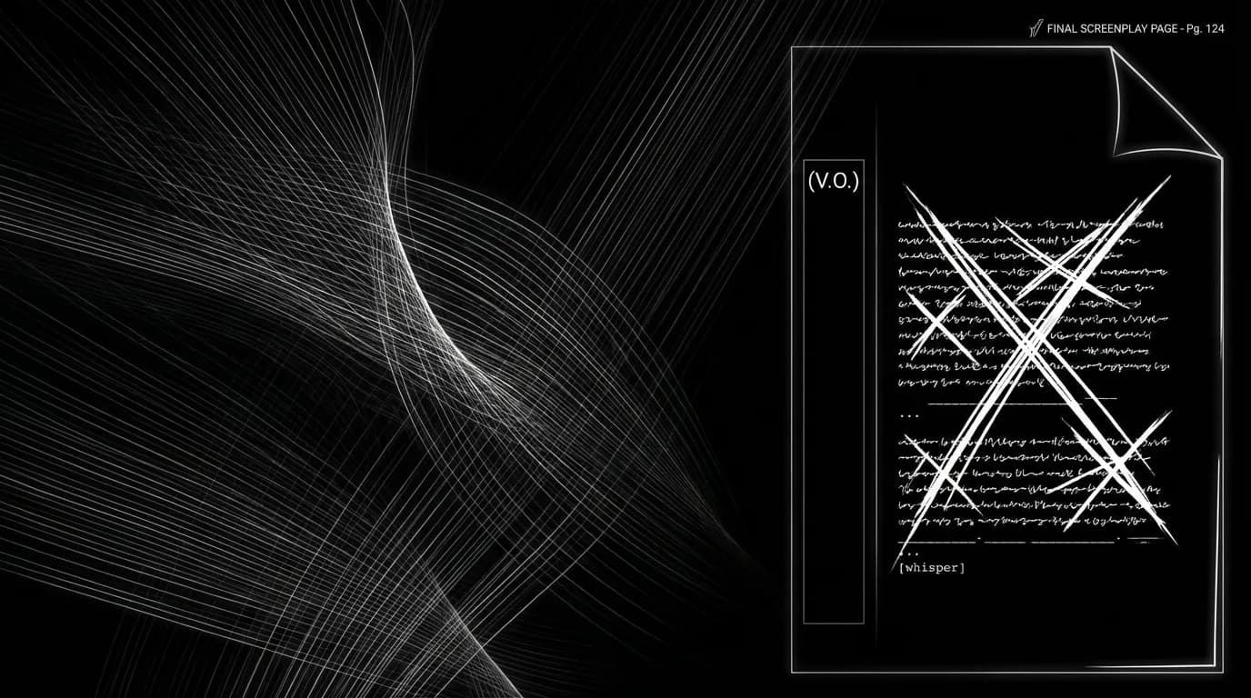 Dark mode technical sketch: script showing final voice-over with restraint annotations; thin white lines on black