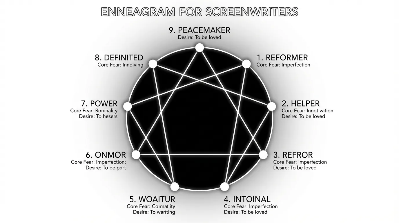 Enneagram for screenwriters: nine points on a circle, thin white lines on black; dark mode technical sketch
