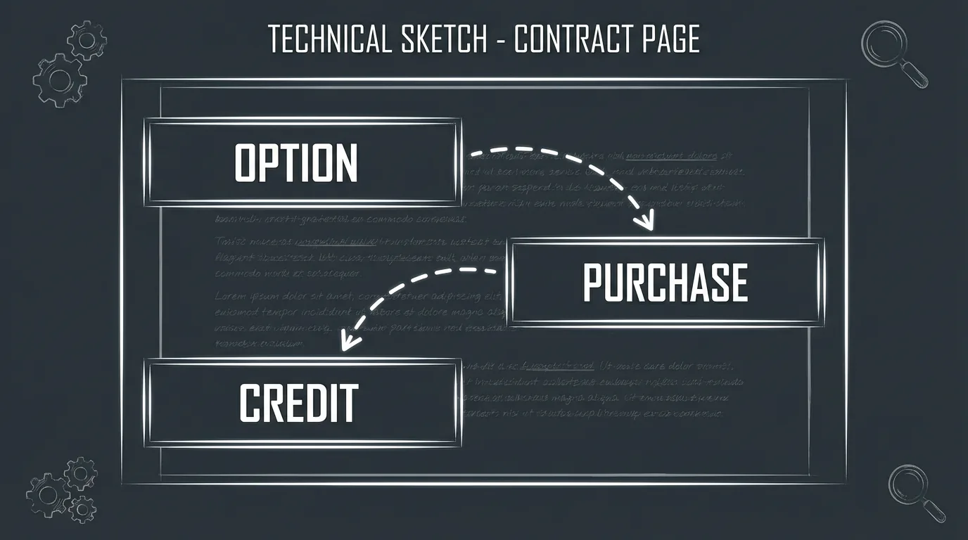 Contract with highlighted clauses; dark mode technical sketch