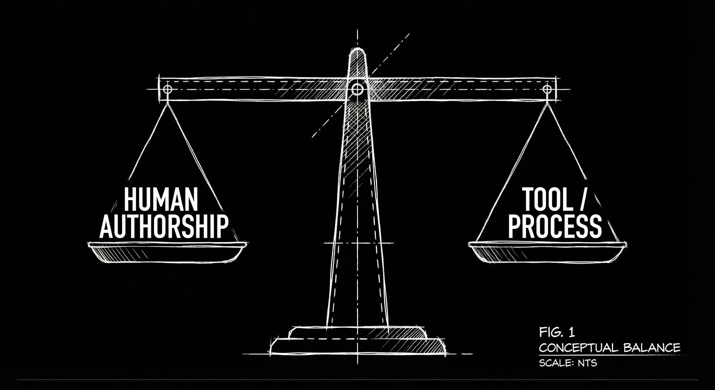 Prompt: Dark Mode Technical Sketch, balance scale with "Human authorship" on one side and "Tool / process" on the other, clean thin white lines on black, hand-drawn technical feel, no 3D renders --ar 16:9