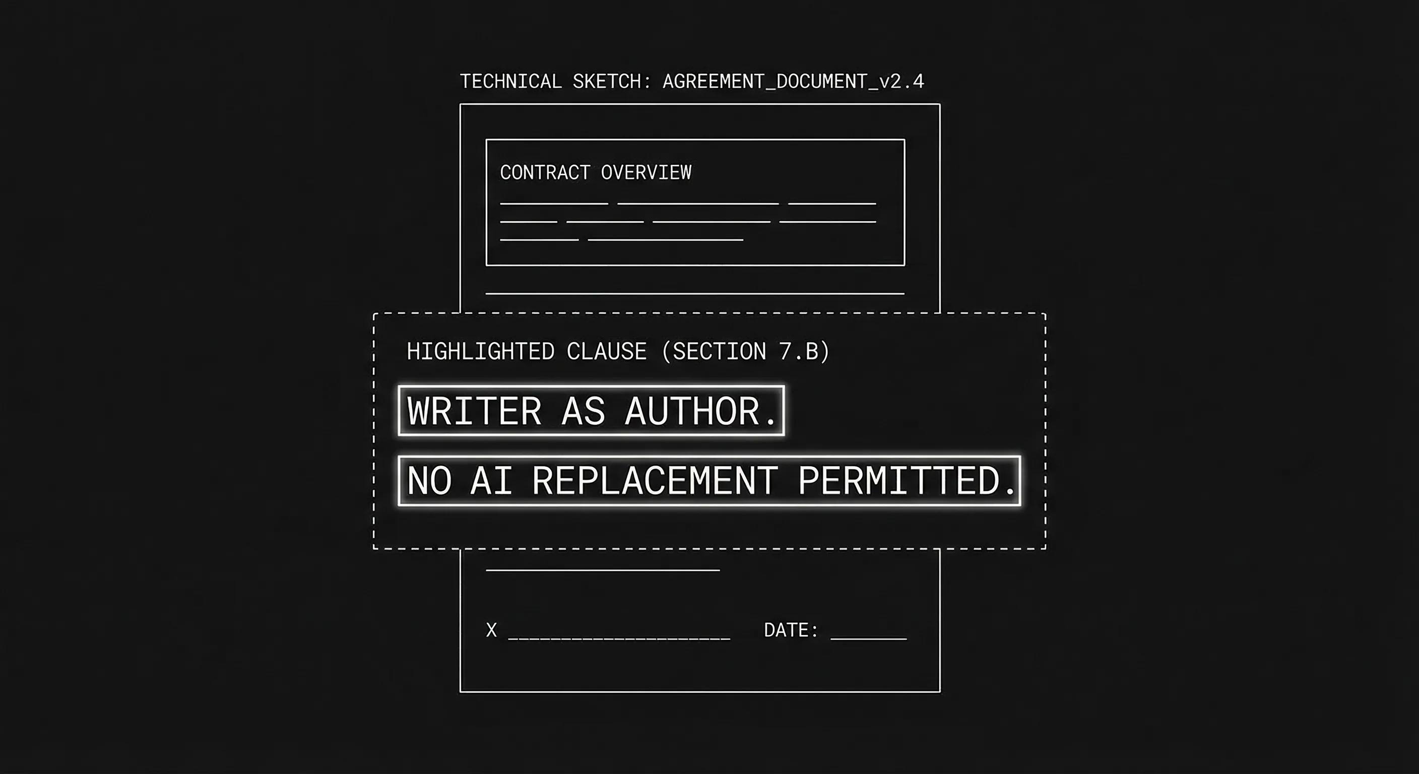 Prompt: Dark Mode Technical Sketch, contract or agreement document with a single highlighted clause about "writer as author" and "no AI replacement," clean thin white lines on black, minimalist --ar 16:9