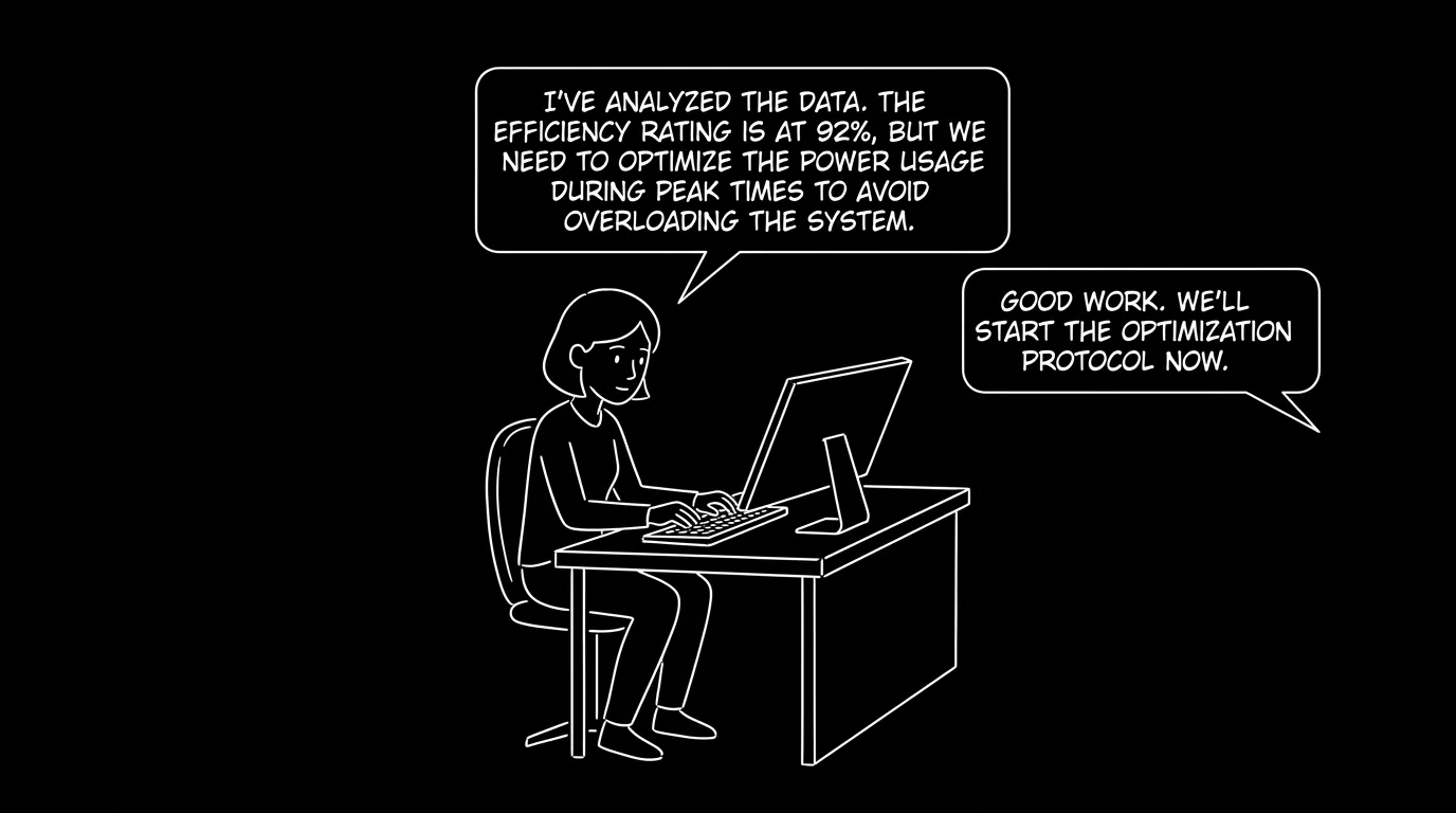 Character in activity while dialogue delivers info; dark mode technical sketch