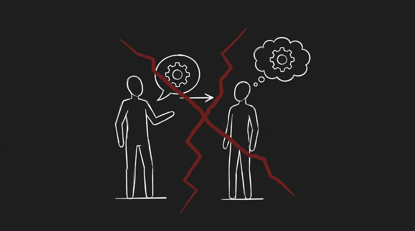 Exposition trap: two characters, one telling what both know; dark mode technical sketch