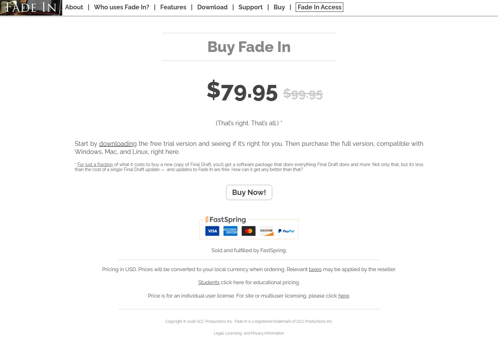 Kaufseite von Fade In mit einem Preis von 79,95 $ statt durchgestrichener 99,95 $, einem Link zur Testversion und dem Hinweis, dass die Vollversion unter Windows, Mac und Linux läuft und Updates kostenlos sind