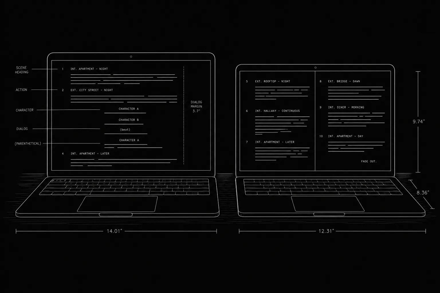 Dark mode technical sketch: two laptop screens side by side showing abstract screenplay line grids, thin white lines on solid black