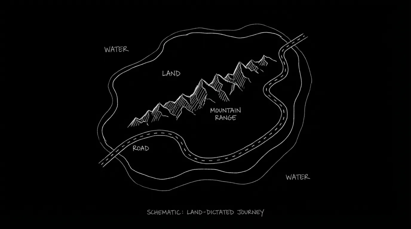 Fantasy map: land dictates journey; dark mode technical sketch