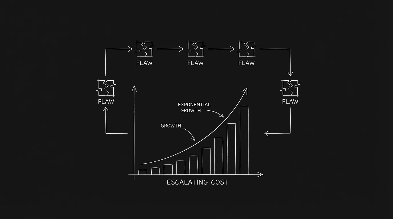 Flaw as pattern: same action repeating with escalating cost; dark mode technical sketch
