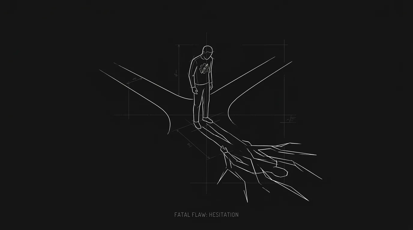 Fatal flaw: single figure with one trait casting a shadow; dark mode technical sketch