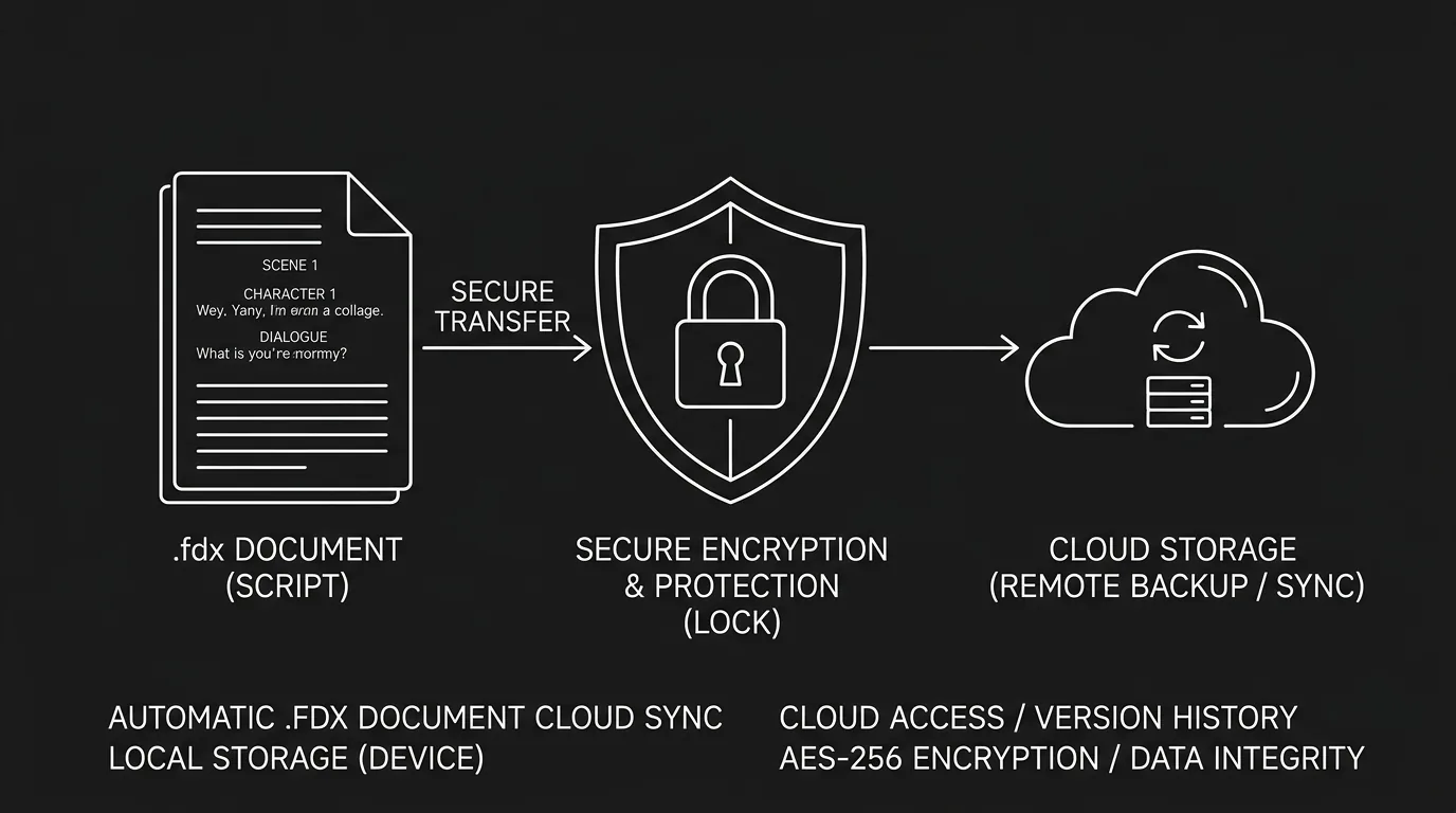 Dark mode technical sketch: .fdx and cloud with shield; protecting your script; thin white lines on black