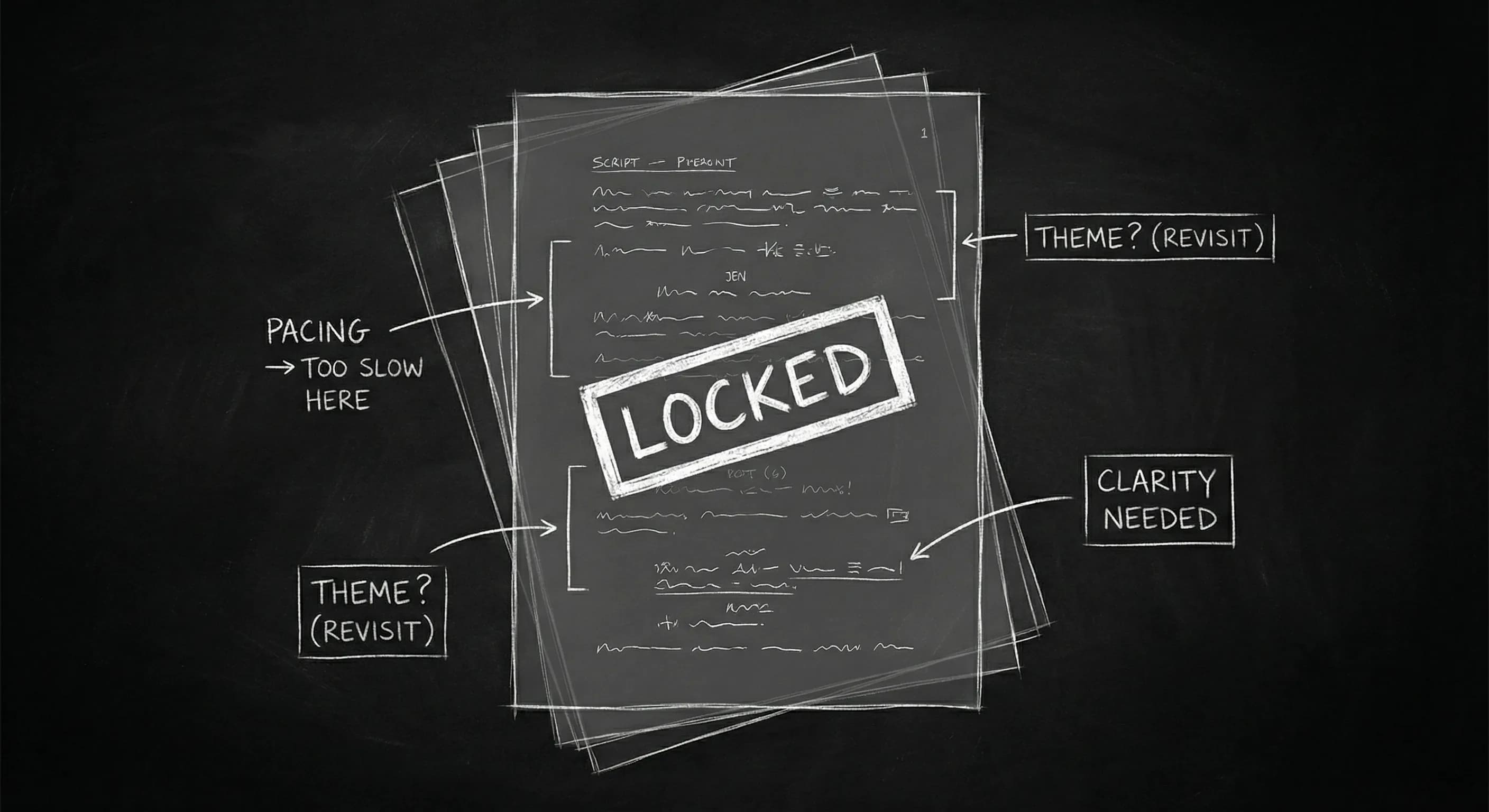 Script pages with margin notes and Locked stamp; dark mode technical sketch