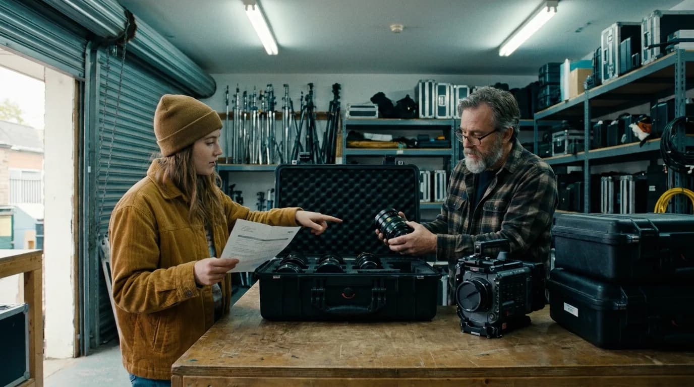 An indie producer in a mustard corduroy jacket holds a printed rental quote and points at an open flight case of cine lenses while a bearded rental agent lifts one out, in a camera rental house with a half-open roller shutter, metal shelving and stacked flight cases, cinematic still