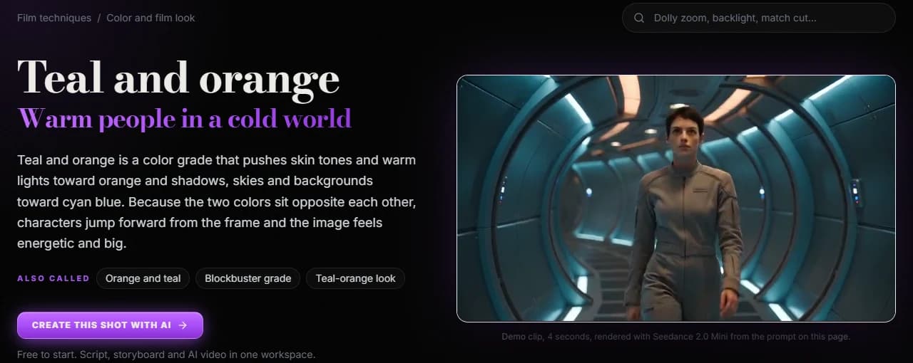 ScreenWeaver film techniques page for teal and orange, headed "Warm people in a cold world", with a demo clip of a woman in a gray flight suit walking down a curved space station corridor, her face lit warm and the metal walls glowing teal