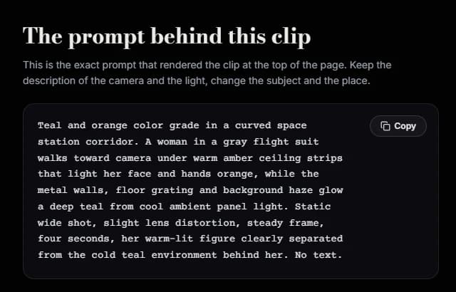 The prompt behind the teal and orange demo clip, describing a woman walking toward camera under warm amber ceiling strips that light her face and hands orange while the metal walls, floor grating and background haze glow deep teal from cool ambient panel light