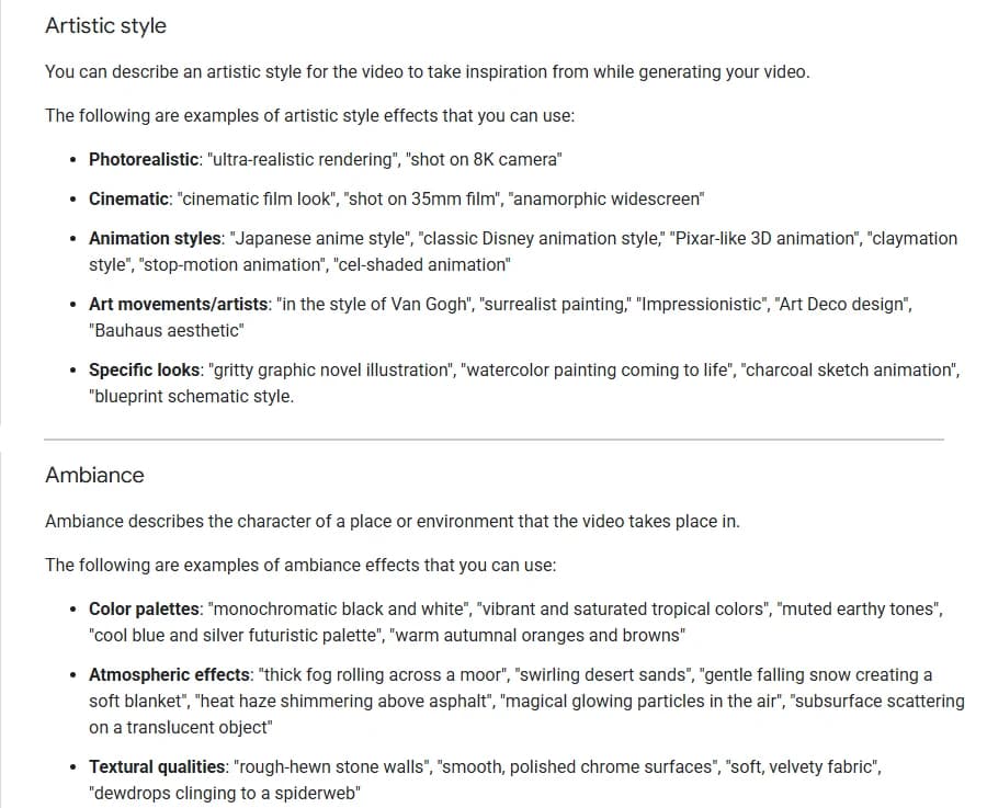 Two excerpts from Google's Veo prompt guide: the Artistic style list, with "cinematic film look", "shot on 35mm film" and "anamorphic widescreen" under Cinematic, and the Ambiance list, with color palette examples such as "monochromatic black and white", "muted earthy tones" and "cool blue and silver futuristic palette"