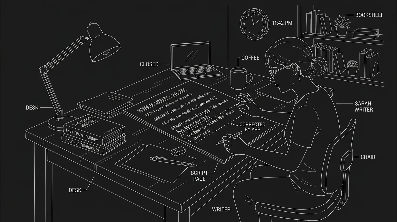 Dark mode technical sketch: writer at desk; script with one "fixed" line highlighted; undo or revert gesture