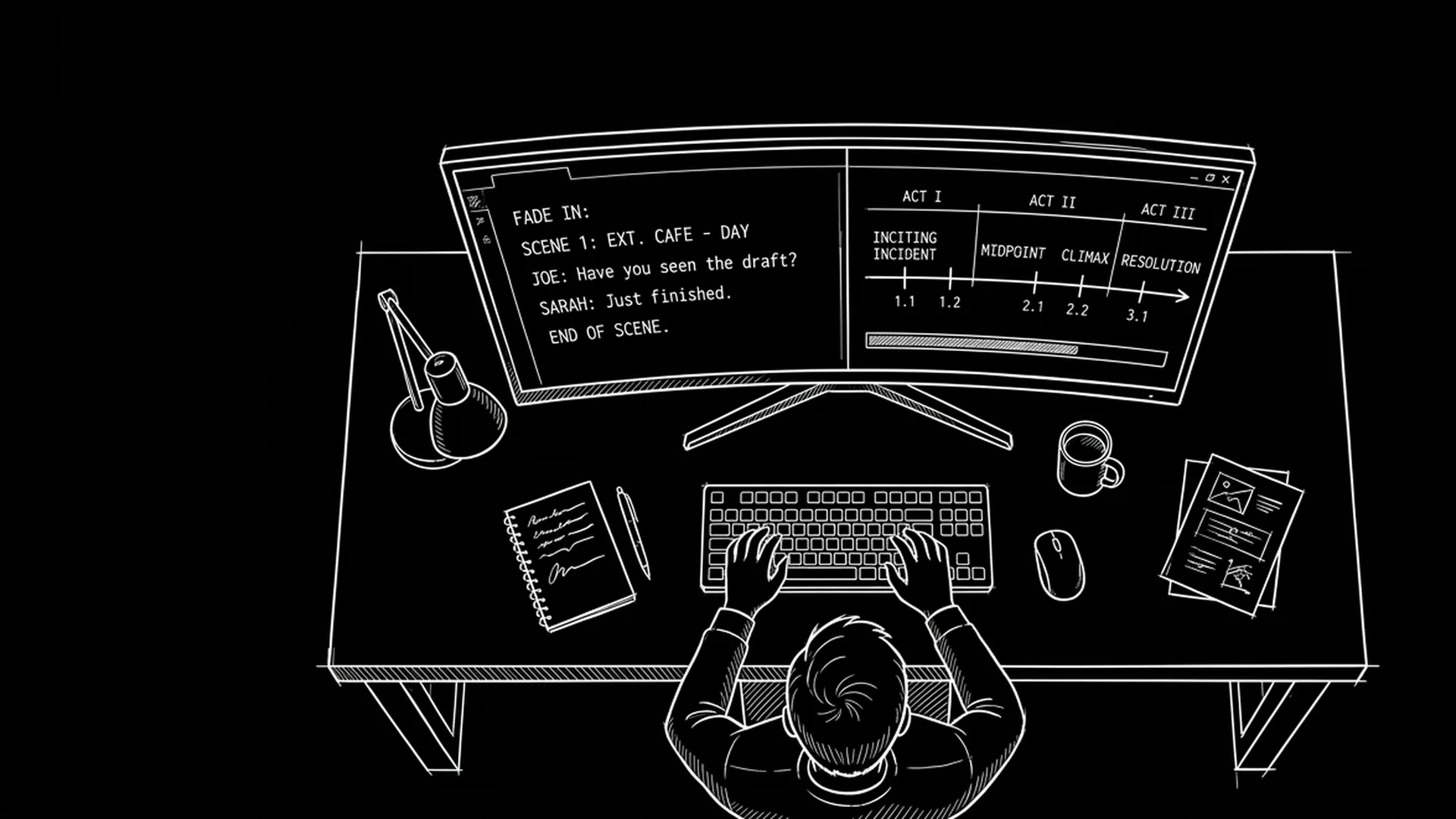 Dark mode technical sketch: timeline or index cards connected to screenplay pages