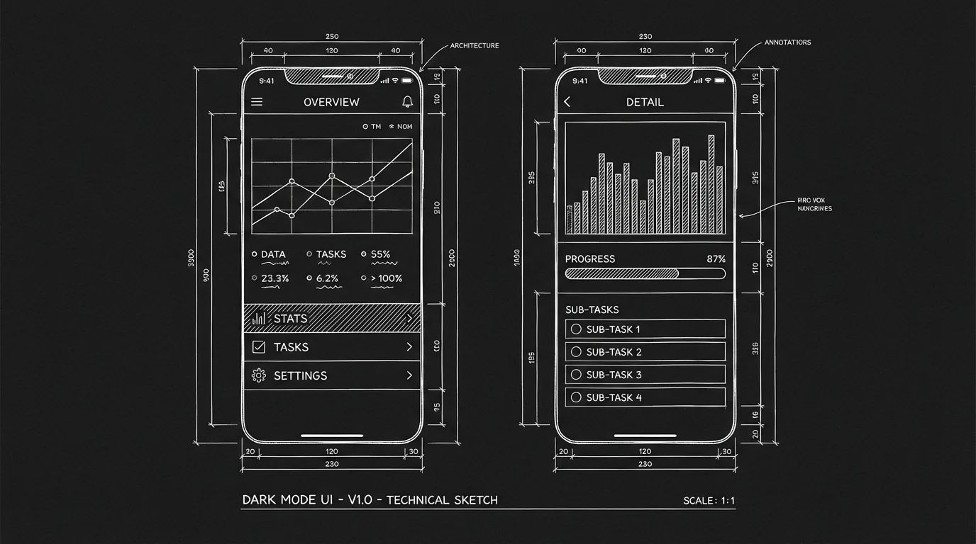 Two app layouts side by side; dark mode technical sketch