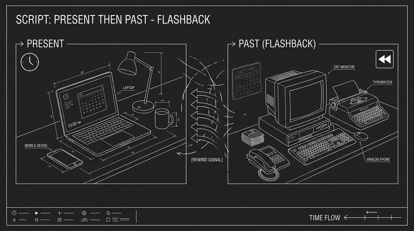 FLASHBACK / BACK TO PRESENT; dark mode technical sketch