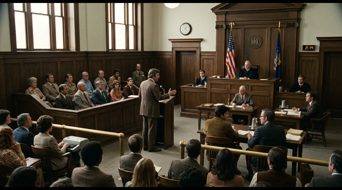 Cinematic 35mm film still: wide courtroom interior with wood paneling
