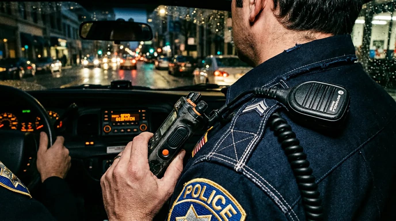 Police radio handset close-up; cinematic film still