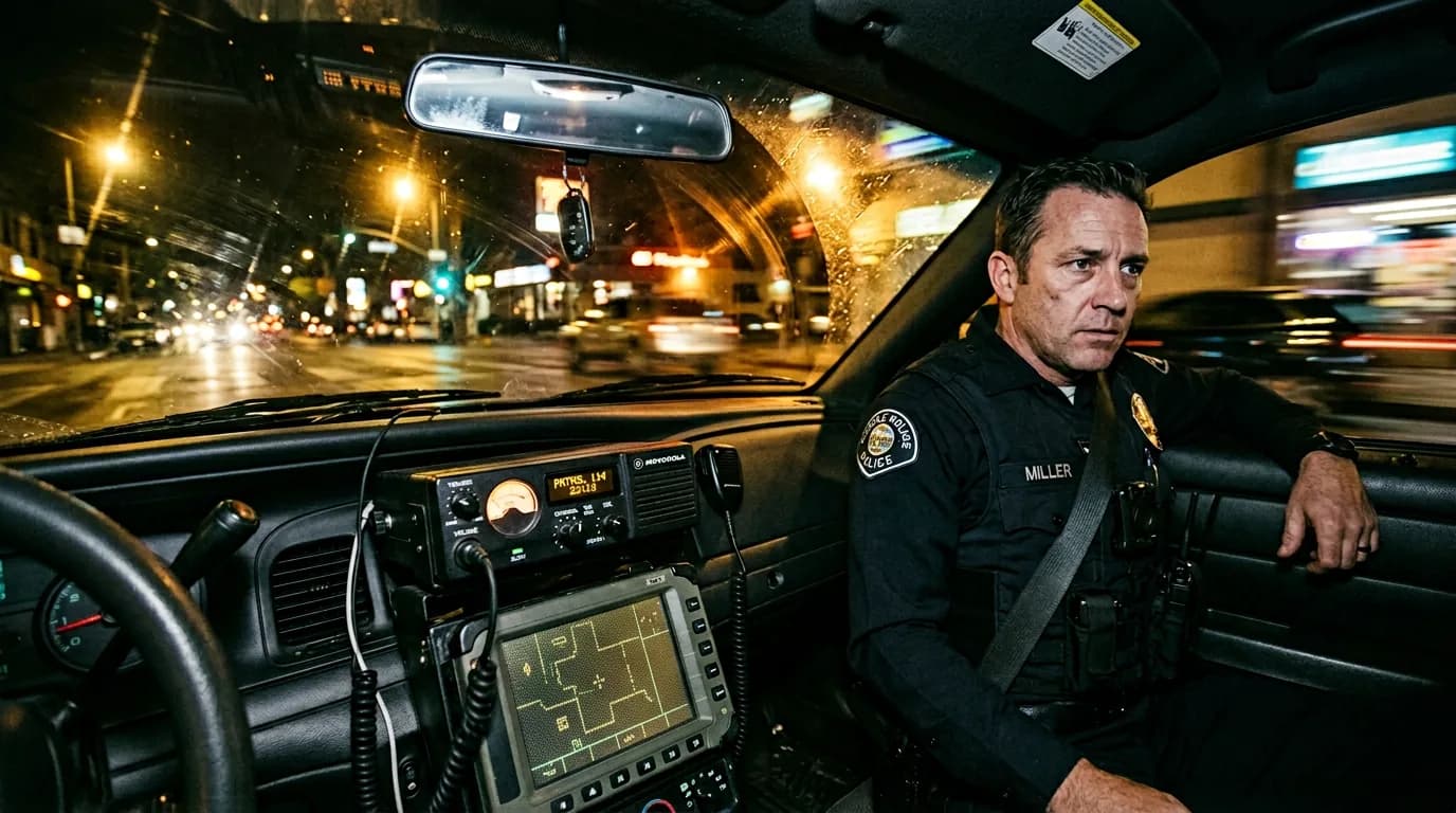 Cinematic 35mm film still: patrol car interior at night with radio