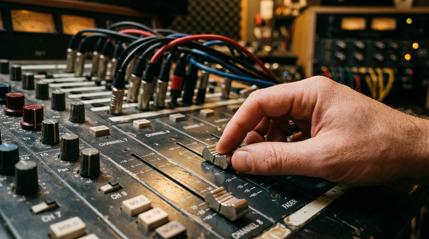 Hands on audio mixer; cinematic film still