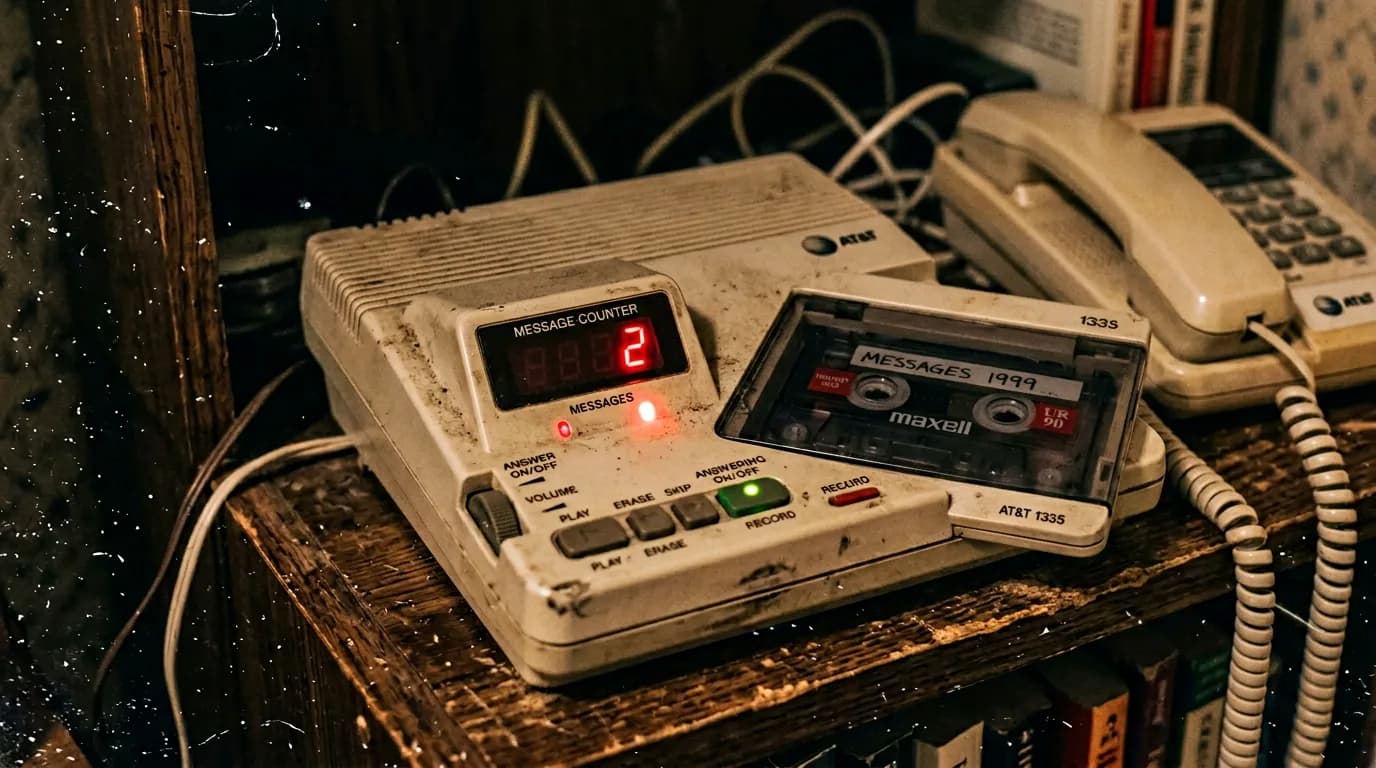Answering machine on a shelf; cinematic film still