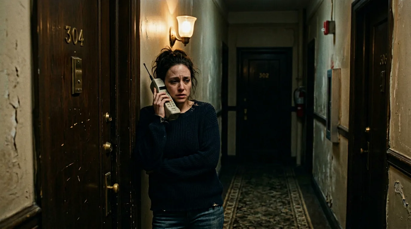 Cinematic 35mm film still: tense phone call in dim hallway