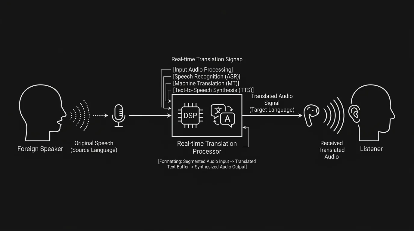 A diagram showing earpiece translation flow; dark mode technical sketch, thin white lines on black background
