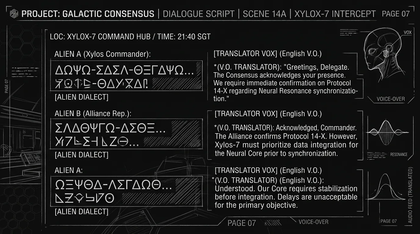 A script page showing alien language dialogue with universal translator; dark mode technical sketch, thin white lines on black background