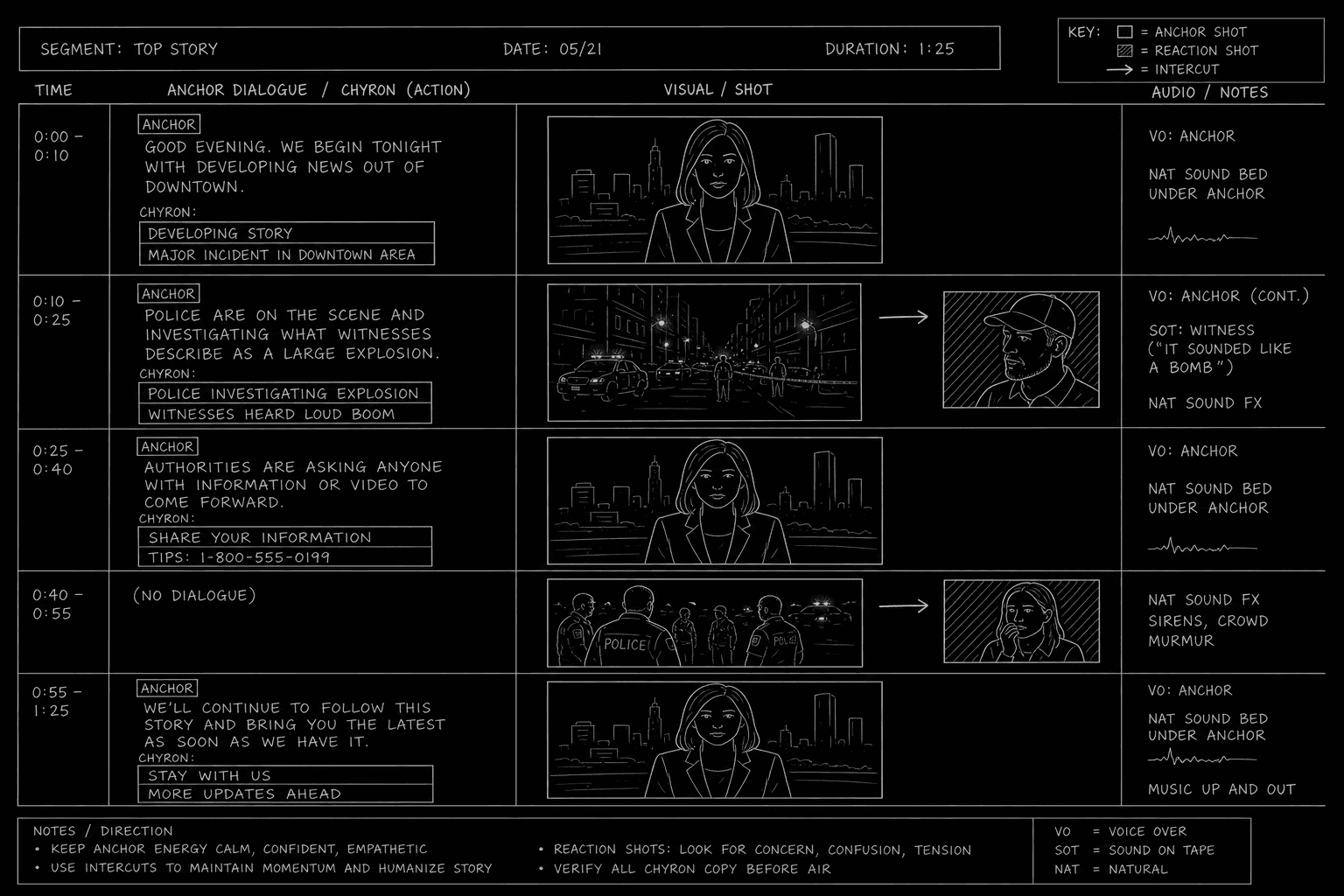 News broadcast script layout with anchor blocks, chyron lines, and reaction intercuts; dark mode technical sketch, thin white lines on black background