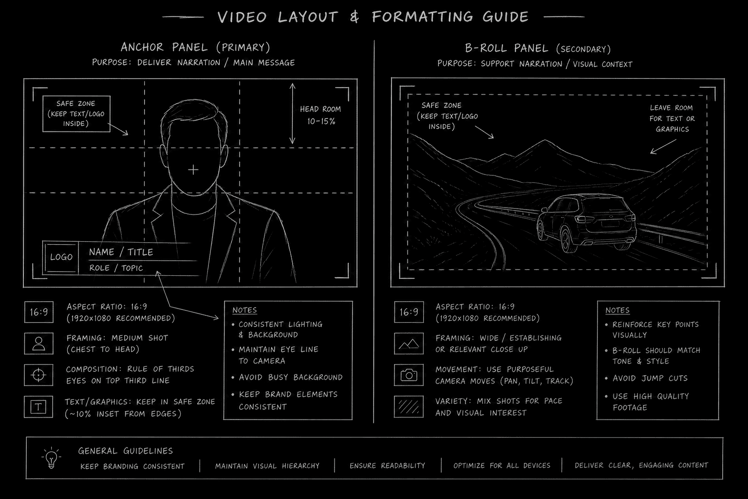 Split screen news format diagram with anchor and B-roll panels; dark mode technical sketch, thin white lines on black background