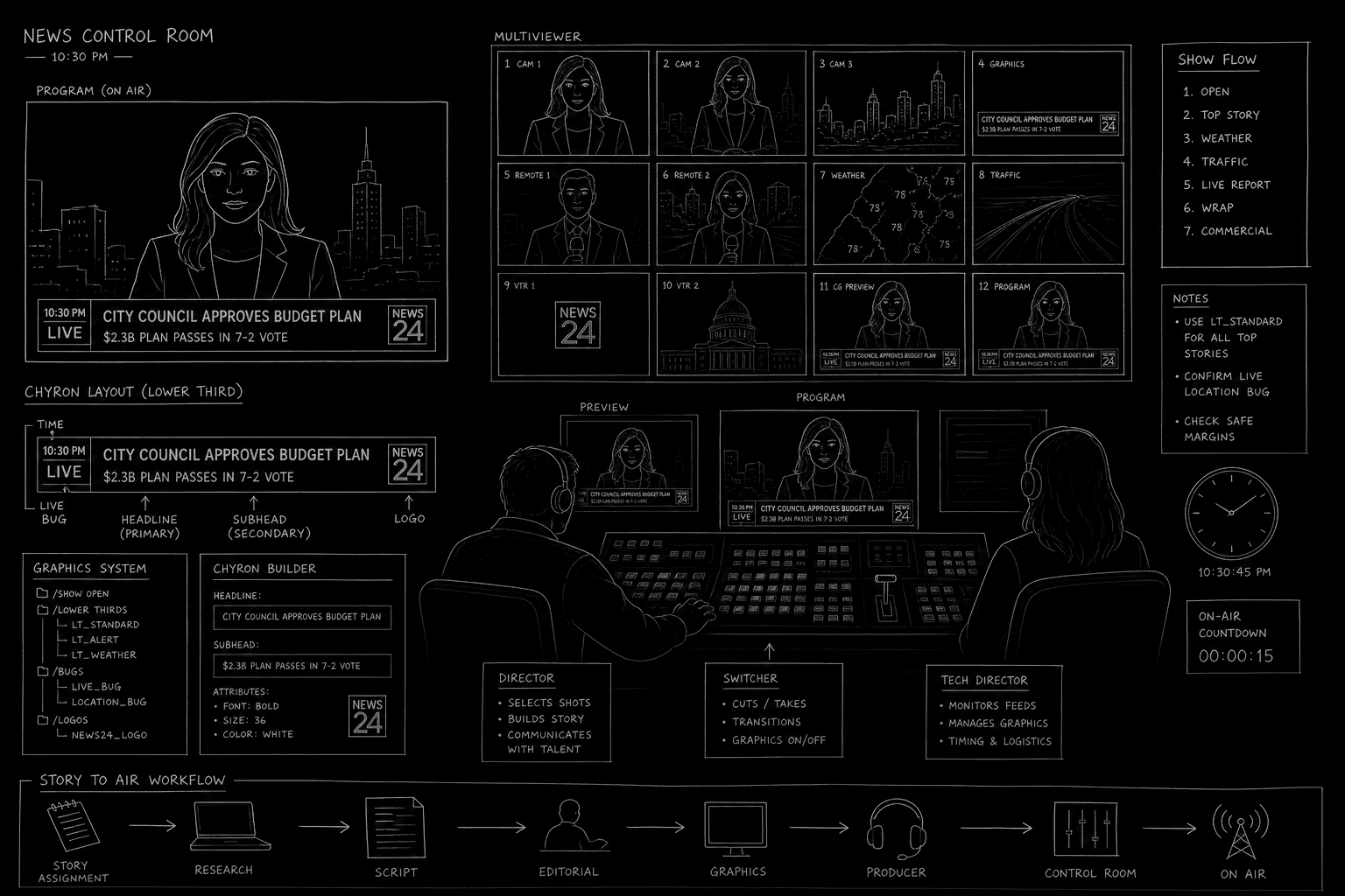 Dark mode technical sketch: TV control room with anchor monitors and chyron graphics, thin white lines on black
