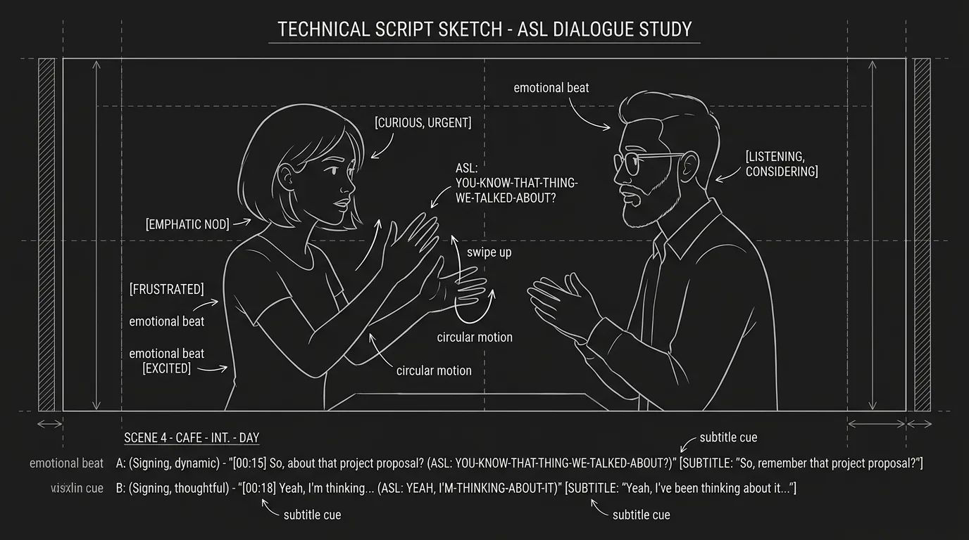A script page showing ASL exchange between Deaf characters with subtitle notes; dark mode technical sketch, thin white lines on black background