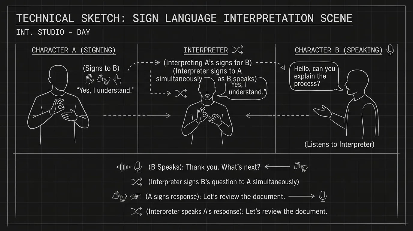 A script excerpt with a Deaf character and hearing character interacting; dark mode technical sketch, thin white lines on black background