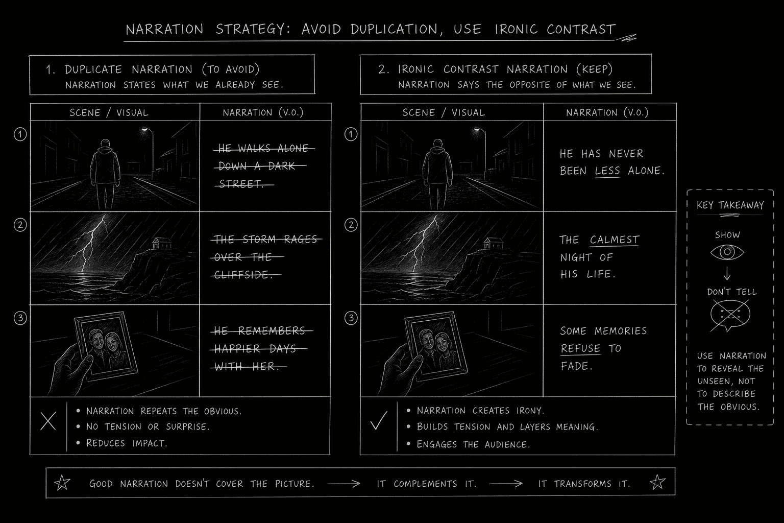 Redundant V.O. vs complementary V.O. side-by-side script panels; dark mode technical sketch