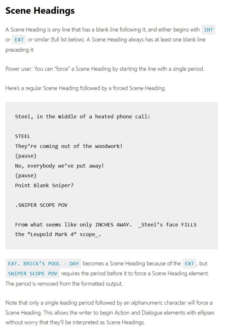 The Scene Headings section of the Fountain syntax page: a scene heading begins with INT or EXT and has blank lines around it, and a power user can force one by starting the line with a single period, shown with the example .SNIPER SCOPE POV