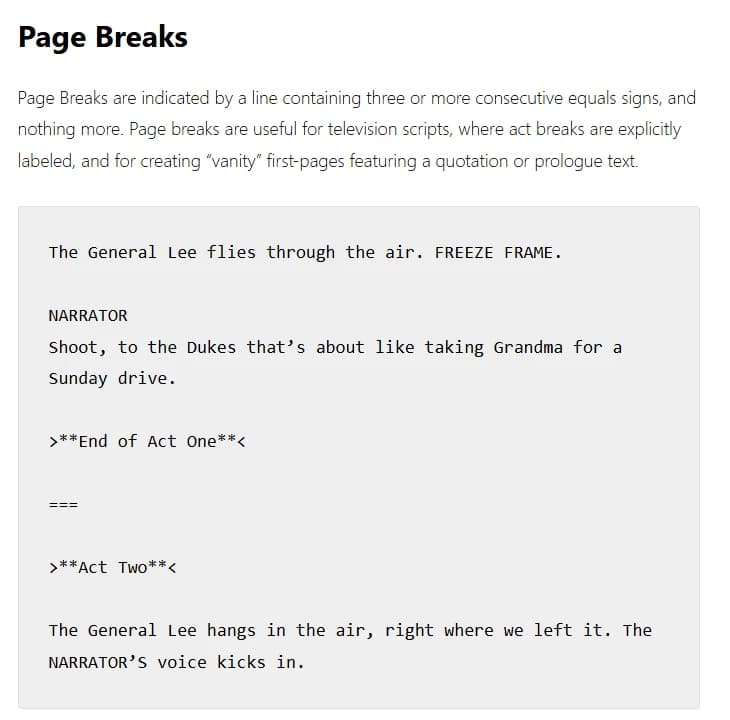 The Page Breaks section of the Fountain syntax page: page breaks are a line containing three or more consecutive equals signs and nothing more, useful for labelled TV act breaks and vanity first pages, followed by an example with End of Act One, a line of three equals signs and Act Two