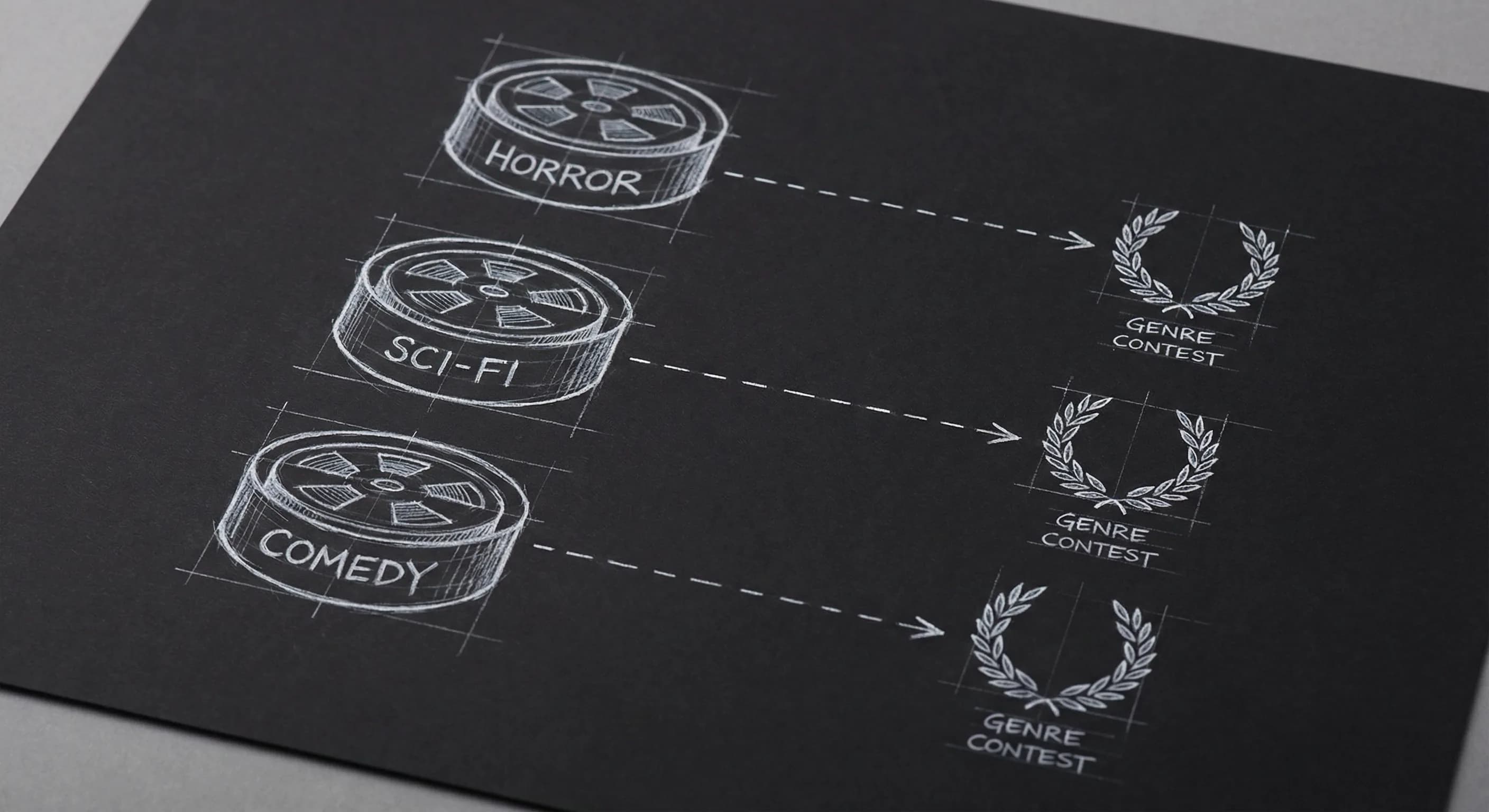 Horror, Sci-Fi, Comedy film cans and genre contests; dark mode technical sketch