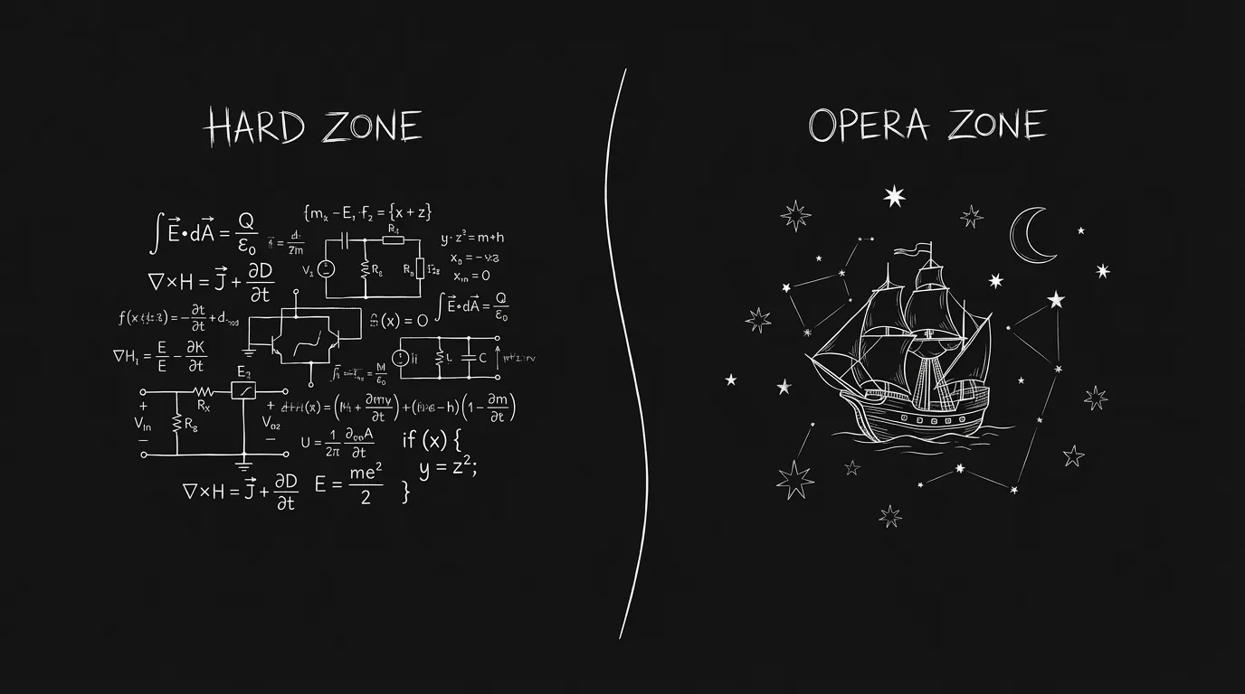 Hard sci-fi vs space opera: two zones; dark mode technical sketch