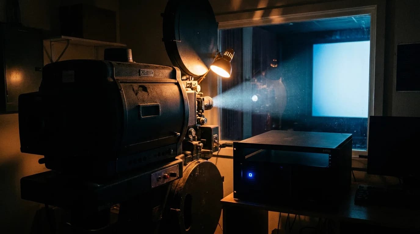 A projection booth during a night screening, a decommissioned 35mm projector idle beside a modern digital media server rack, the beam crossing the port window, cinematic still