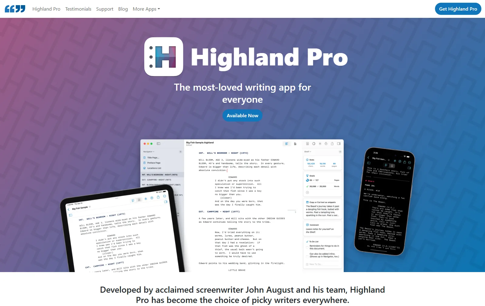 The Highland Pro product page by Quote-Unquote Apps, with the headline Highland Pro, the line The most-loved writing app for everyone, screenshots of the app on Mac, iPad and iPhone, and a note that it was developed by screenwriter John August and his team