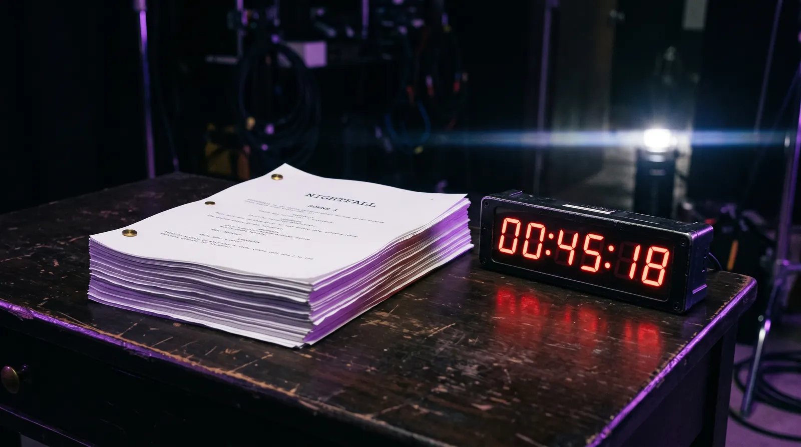 A 90-page screenplay manuscript next to a running film timer display, cinematic still
