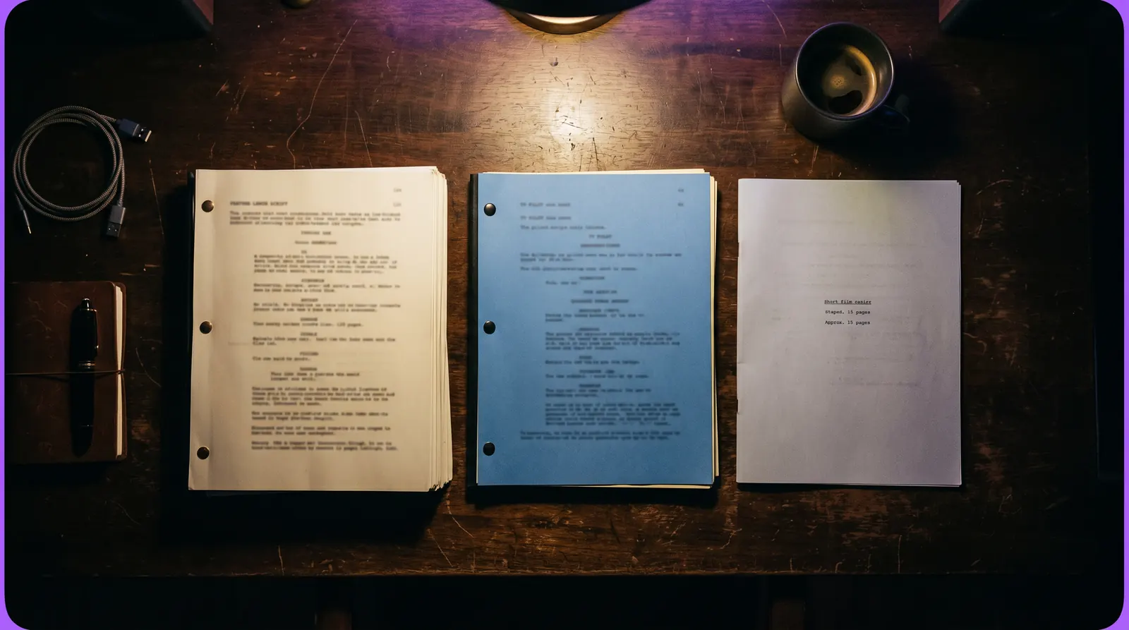 Three screenplay stacks side by side on a desk, thick feature script, medium TV pilot, thin short film, cinematic still