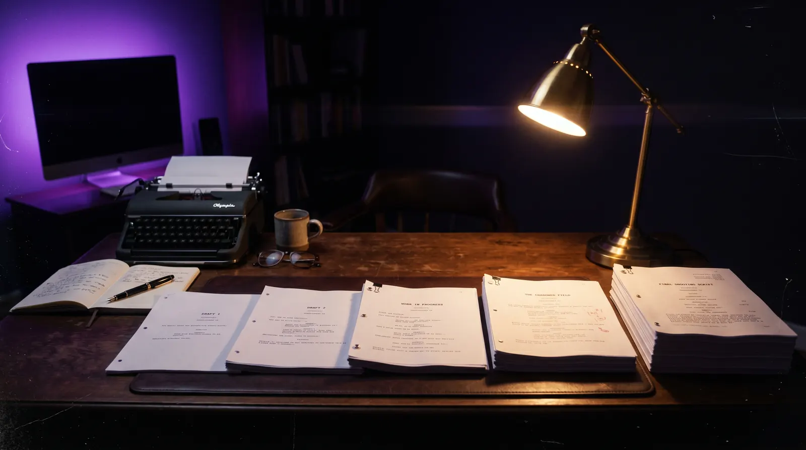 A screenwriter's desk with printed script pages stacked by length, feature to short film, cinematic still