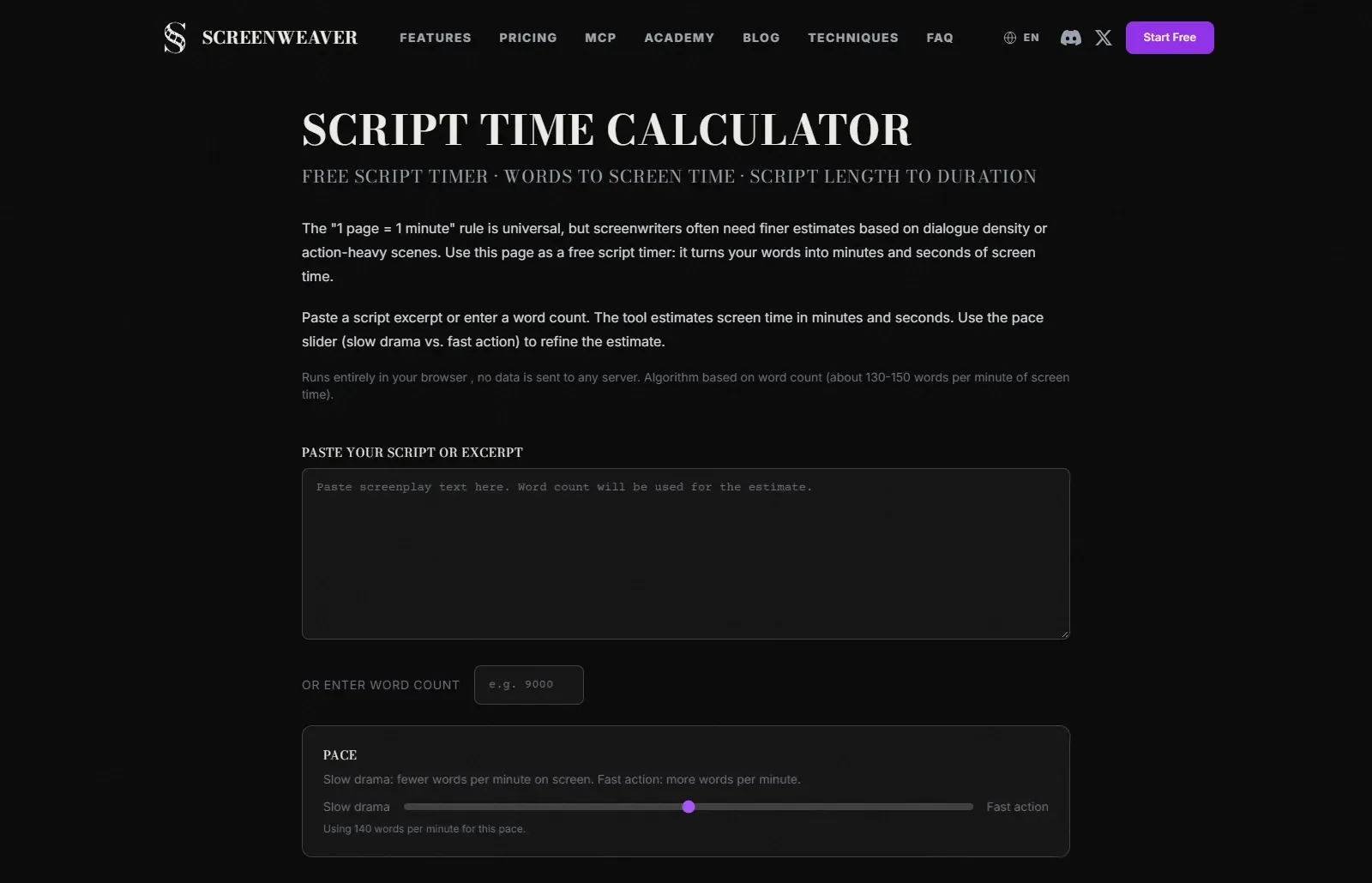 La pagina dello Script Time Calculator su screenweaver.ai, con un riquadro per incollare il testo della sceneggiatura, un campo per il numero di parole e un cursore del ritmo da dramma lento ad azione veloce impostato su 140 parole al minuto (interfaccia in inglese)