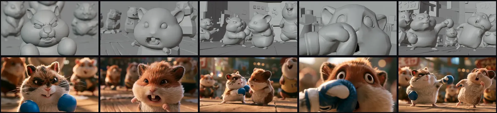 Five grey storyboard frames of a hamster boxing scene on the top row, and the five matching final 3D frames with fur, blue gloves and warm light on the bottom row