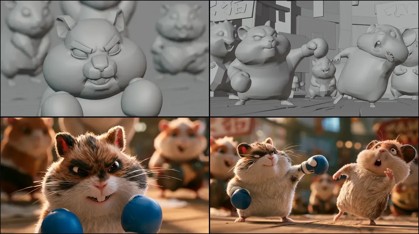Two shots from a 3D boxing comedy with hamsters: grey clay storyboard frames on top, the matching final frames with fur, blue gloves and warm light below