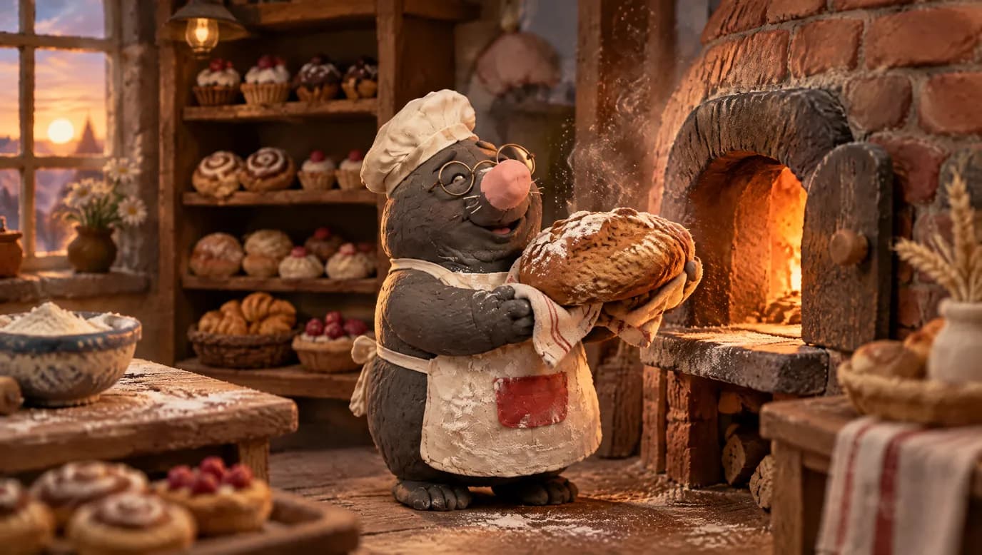 Bertie, the plasticine mole baker, lifts a lopsided loaf from a tiny brick oven in a miniature bakery lit by a warm fire and a sunset window
